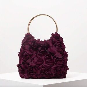 NWOT Elegant Rose-Embellished Evening Bag with Gold Handle - Burgundy